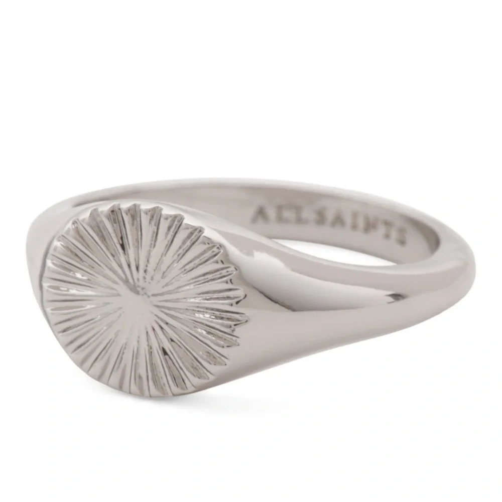 AllSaints‎ New Size 6 Rhodium Plated Textured Fan Signet Ring Silver Tone Brass